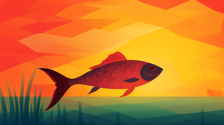 Fish on the lake at sunset. Vector illustration in flat style.の素材