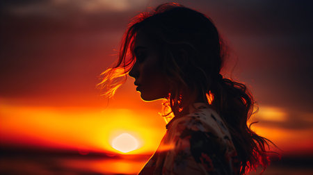 Young woman on the beach at sunset. Silhouette of a beautiful girl.の素材