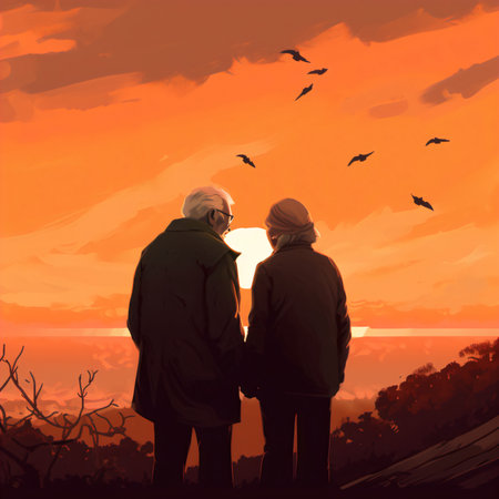 Elderly couple looking at the sunset. Concept of love.の素材