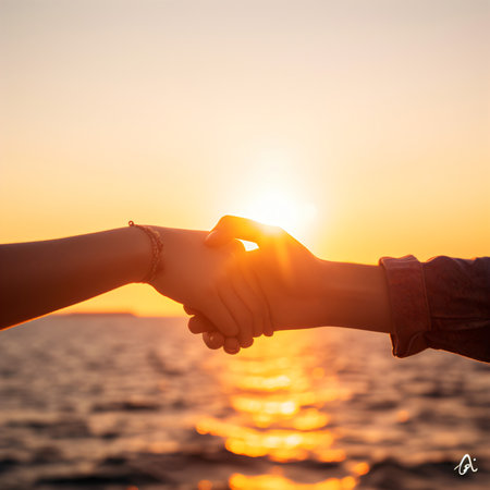 Handshake of two people on the background of the sea and sunsetの素材