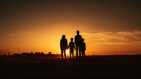 Silhouette of a family on the background of the setting sunの素材