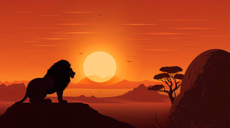 Lion in the savanna at sunset. Vector illustration of a cartoon style.の素材