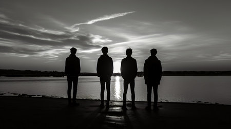 Silhouette of a group of friends standing on the beach at sunsetの素材