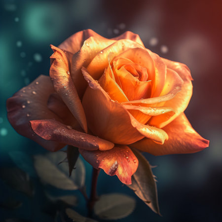 Beautiful orange rose on a dark blue background. Toned.の素材