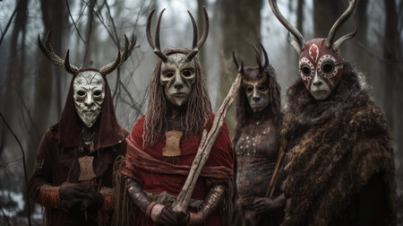 Vikings in the forest. Halloween. Horror film. Fantasy.の素材