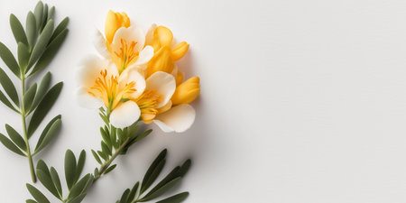 top view of yellow crocus and eucalyptus branches on white backgroundの素材