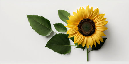 Sunflower on white background. Flat lay, top view, copy spaceの素材