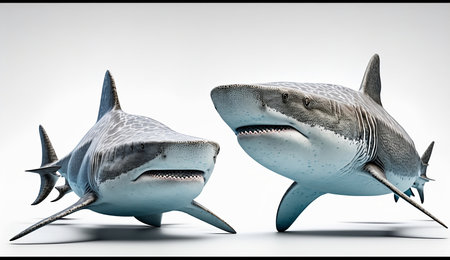 3D render of a pair of sharks isolated on white background.の素材