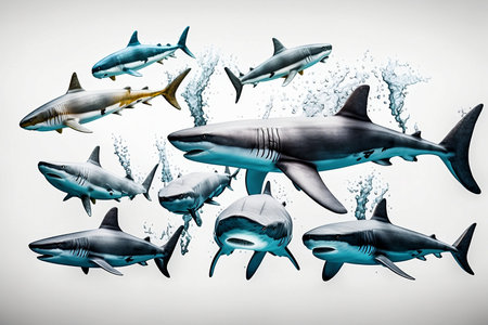 Group of sharks in the ocean. Collage. 3D renderingの素材