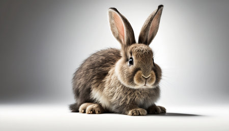Cute brown rabbit sitting on grey background with copy space and looking at cameraの素材