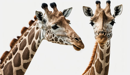 Two giraffes isolated on a white background, close-upの素材