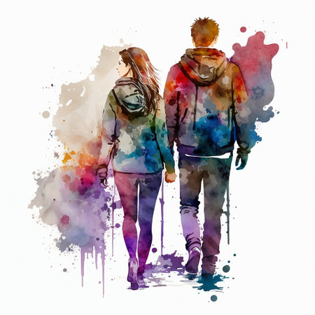 Young couple in winter clothes with watercolor splashes. Vector illustration.の素材