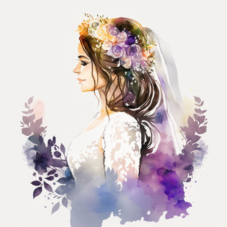 Watercolor illustration of a beautiful bride with a bouquet of flowersの素材