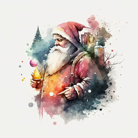 Santa Claus with candies in his hand. Watercolor painting illustrationの素材