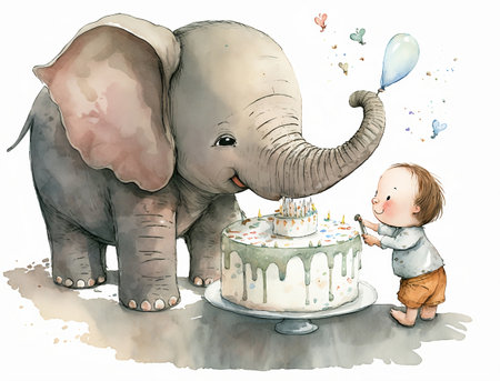 Cute baby boy and elephant with birthday cake. Watercolor illustrationの素材