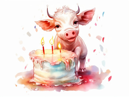 Cute pig with birthday cake and candles. Watercolor illustration.の素材