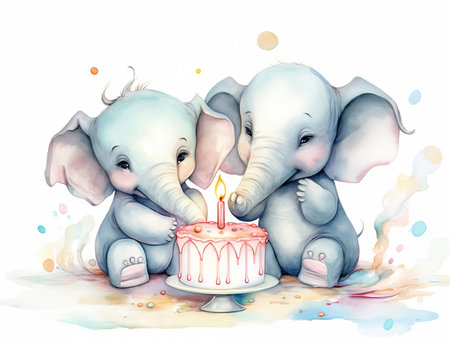 Cute cartoon baby elephant with birthday cake. Watercolor illustration.の素材