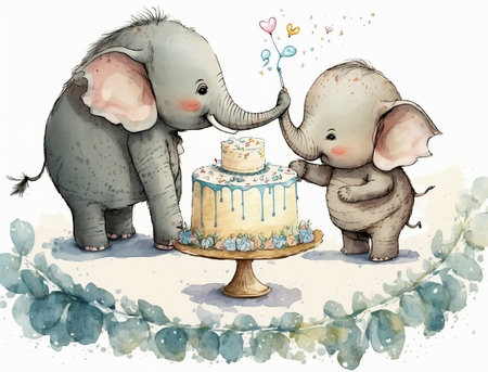 Cute elephant and baby elephant with cake. Watercolor illustration.の素材