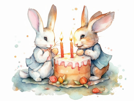 Cute bunnies with cake. Watercolor hand drawn illustrationの素材