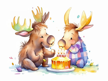 Cartoon funny elk and bear with cake on a white backgroundの素材