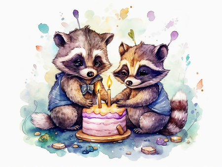 Cute raccoons with birthday cake. Watercolor illustration.の素材