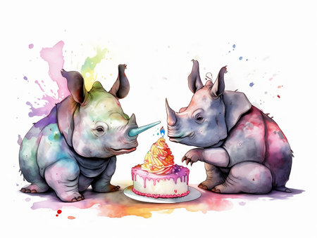 Two rhinoceros with cake on white background. Watercolor illustrationの素材