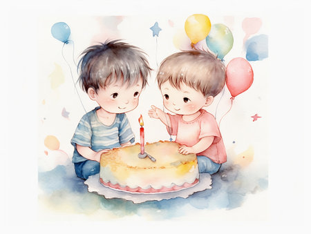Cute boy and girl celebrating birthday with cake, watercolor illustrationの素材