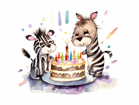 Illustration of a cute cartoon zebra with a birthday cake on a white backgroundの素材