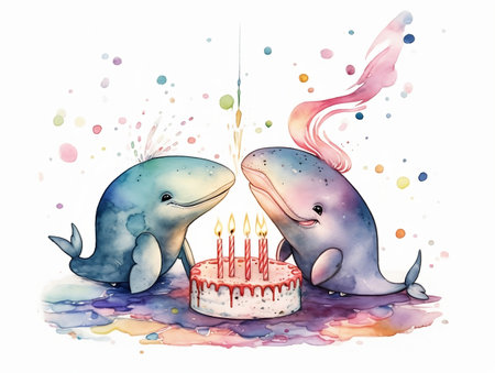 Watercolor illustration of two cute whales with birthday cake and candles.の素材