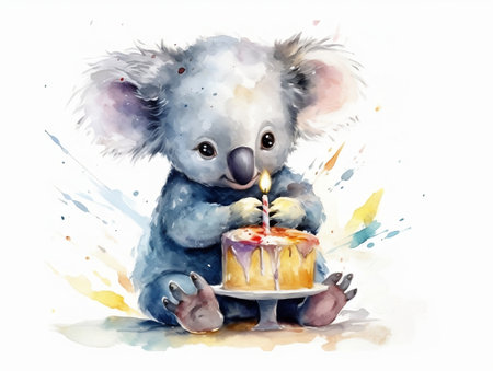 Cute cartoon koala with birthday cake. Watercolor illustration.の素材