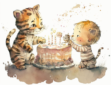 Watercolor illustration of a cute tiger and a boy with a cakeの素材