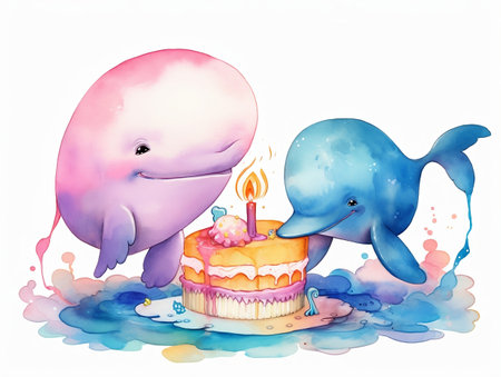 Watercolor illustration of two cute whales and a birthday cake on a white backgroundの素材
