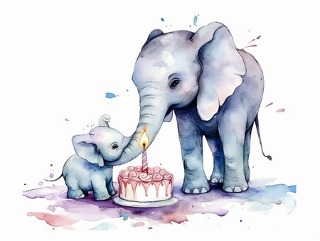 Watercolor illustration of an elephant with a cake and a baby elephantの素材