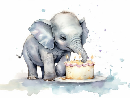 elephant and cake with candles, watercolor painting on white backgroundの素材