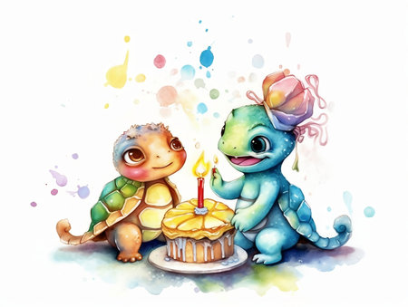 Cute baby boy and girl eating birthday cake with candle, watercolor illustrationの素材
