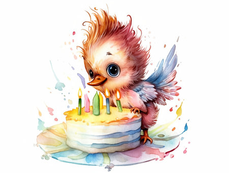 Cute little chick with birthday cake. Watercolor illustration on white backgroundの素材