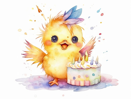 Cute chicken with birthday cake. Watercolor illustration on white backgroundの素材