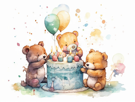 Birthday cake with teddy bears and candles. Watercolor illustrationの素材