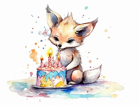 Cute little fox with birthday cake. Watercolor hand drawn illustrationの素材