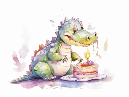 Cute cartoon crocodile with birthday cake. Watercolor illustration.の素材