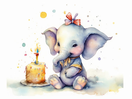 Cute baby elephant with birthday cake. Watercolor hand drawn illustrationの素材