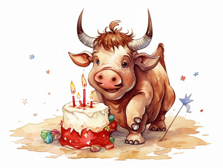 Cute bull with birthday cake. Watercolor illustration isolated on white backgroundの素材