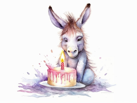 Watercolor illustration of a cute funny donkey with a birthday cake.の素材