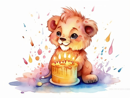 Cute cartoon lion with a birthday cake. Watercolor illustration.の素材