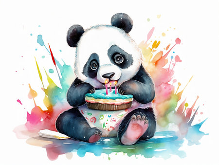 Cute panda bear with birthday cake. Watercolor illustration.の素材