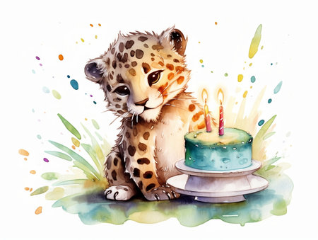 Watercolor illustration of a leopard cub with a birthday cake.の素材