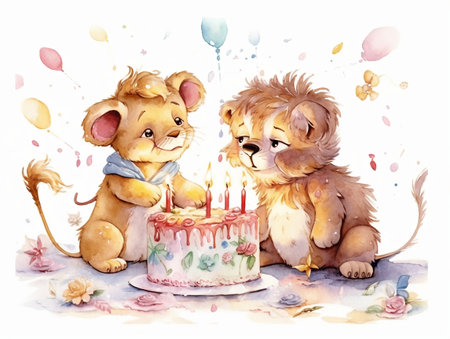 Cute cartoon lion and lion cub with birthday cake, watercolor illustrationの素材