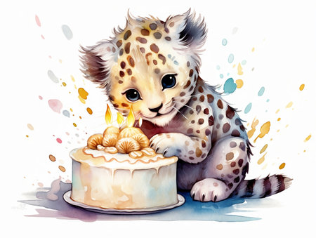 Cute baby cheetah with birthday cake. Watercolor illustrationの素材