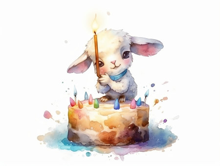 Cute cartoon bunny with a candle on a birthday cake. Watercolor illustrationの素材
