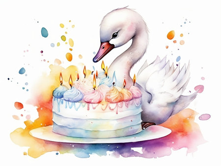 Watercolor illustration of a white swan with a birthday cake and candlesの素材